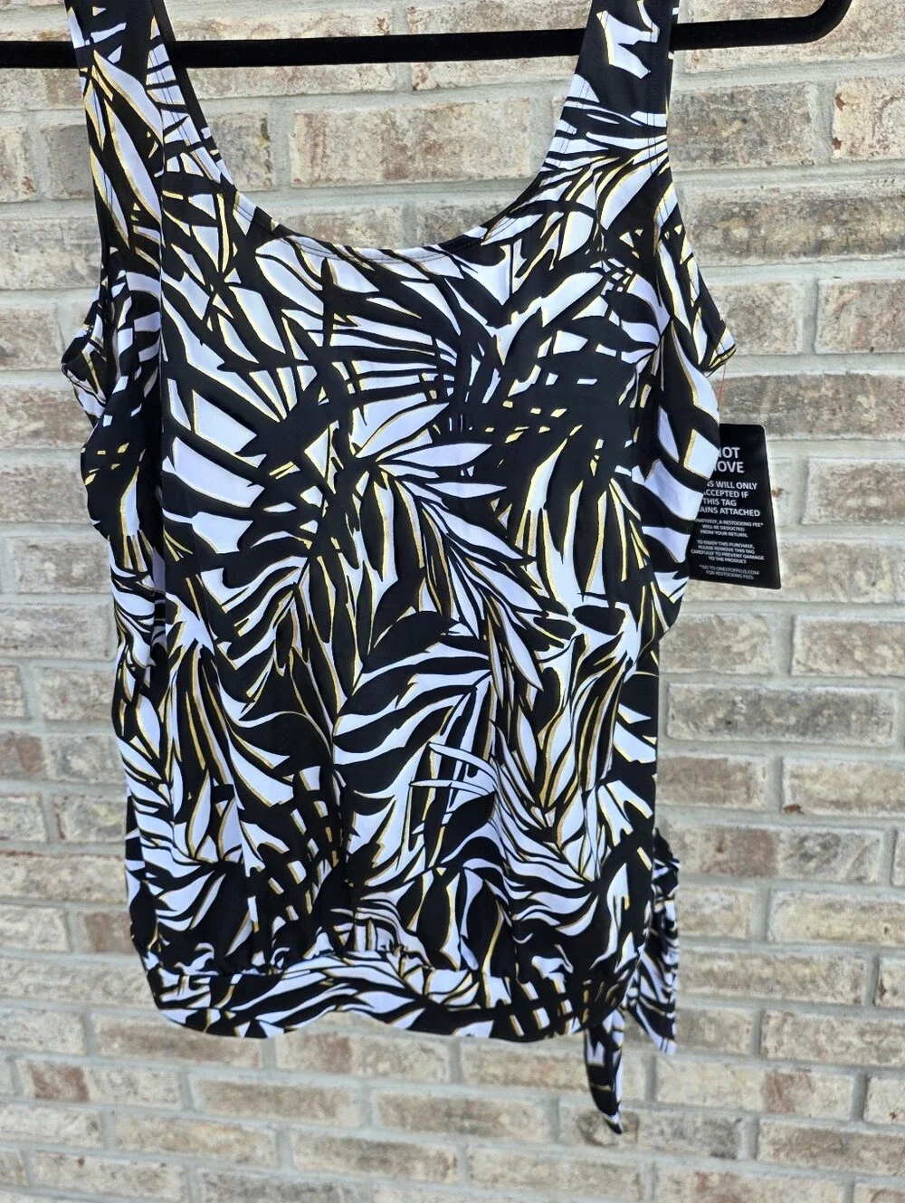 Swimsuits For All Women's Side Tie Blouson Tankini Top Black White Palm 16 NWT